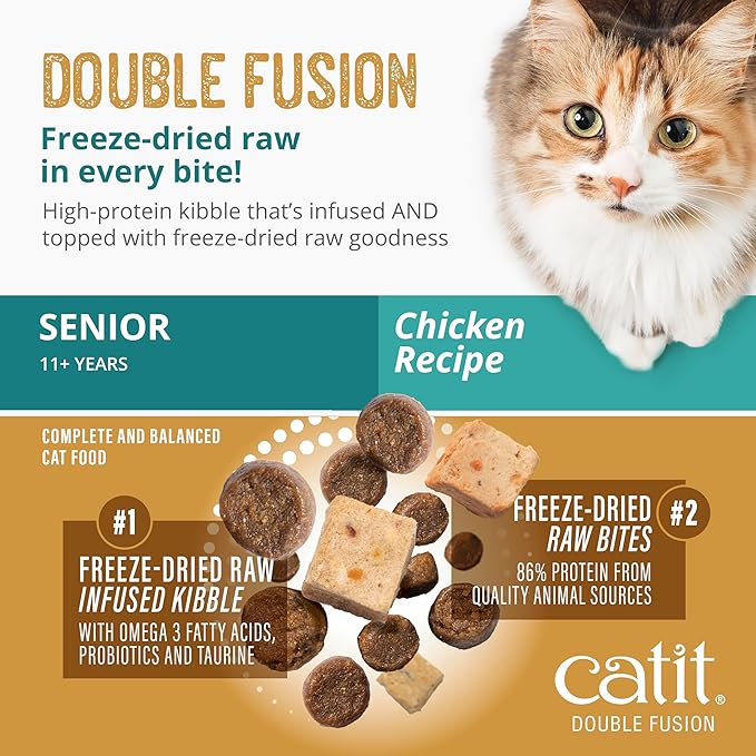 Catit Recipes Double Fusion Senior Chicken Recipe – High-Protein, Freeze-Dried Raw Meat, Nutrient-Dense for Healthy Senior Cats, Fresh Chicken, No Corn, Wheat, Soy, or by-Products, 4 lb