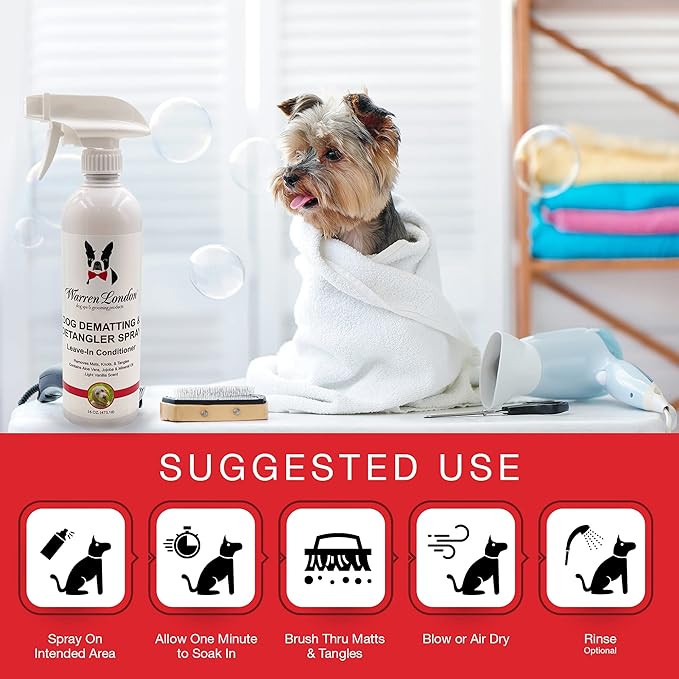 Warren London Dog Dematting & Detangling Spray | Groomer-Formulated Conditioner w/Aloe Vera & Jojoba Oil | Loosens Mats, Knots & Tangles | 16oz | Made in USA