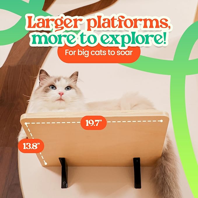 Modern Wall-Mounted Cat Tree for Large Cats – Luxury Wooden Cat Shelves with Wide Anti-Slip Platforms, Designer Cat Furniture for Indoor Wall Climbing – Space Saving Aesthetic