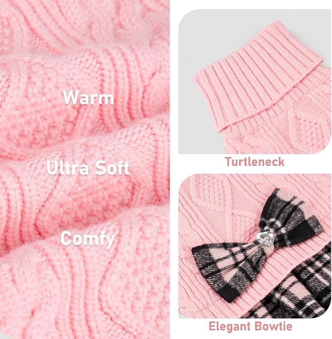 KYEESE Dog Sweater Warm Turtleneck Dogs Clothes Soft Dog Sweaters for Small Dogs Girl Comfy Knitwear Puppy Sweater Dress Thick Pet Coats with Bowtie Stretchy Pullover Cat Sweaters, Pink, X-Small