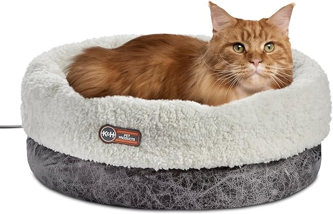K&H Pet Products Heated Cat Bed Indoor, Thermo-Snuggle Cup Bomber Soft Heated Pet Bed for Large Indoor Cats and Small Dogs, Machine Washable, Waterproof Heated Pad, Safety Listed - 14x18in Gray