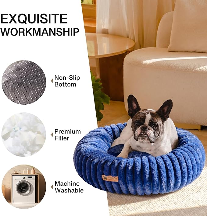 MEWOOFUN Donut Dog Beds for Small Dog, Calming Bed Round Cute Puppy Bed with Non-Slip Bottom, Fluffy Washable Pet Bed for Puppy and Kitten (Navy Blue, S (25x25x7))