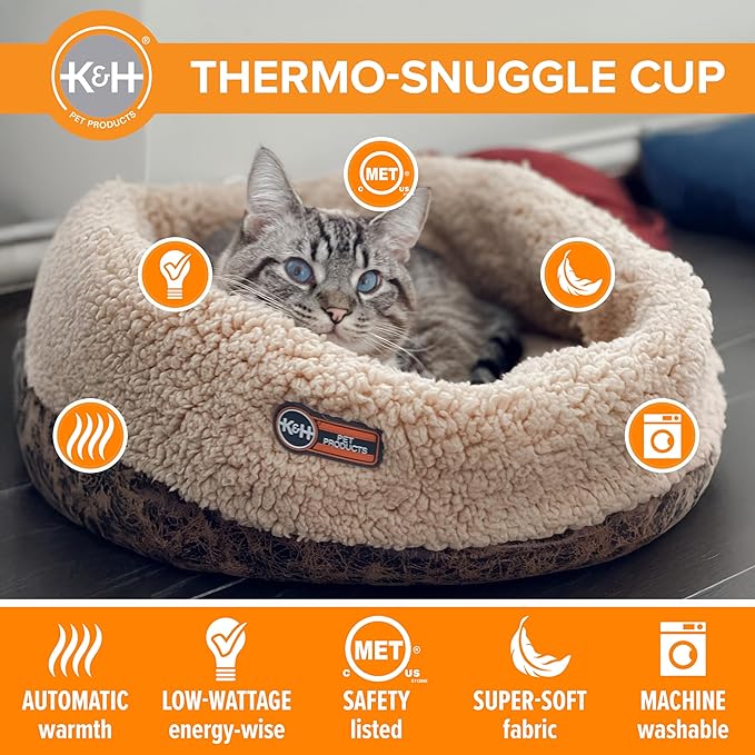 K&H Pet Products Heated Cat Bed Indoor, Thermo-Snuggle Cup Bomber Soft Heated Pet Bed for Large Indoor Cats and Small Dogs, Machine Washable, Waterproof Heated Pad, Safety Listed - 14x18in Chocolate