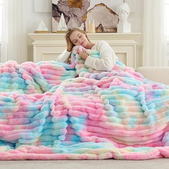 Cozy Bliss Faux Fur Throw Blanket for Couch, Cozy Warm Plush Striped Blanket for Sofa Bedroom Living Room, 60 * 80 Inches Tie-dye Rainbow
