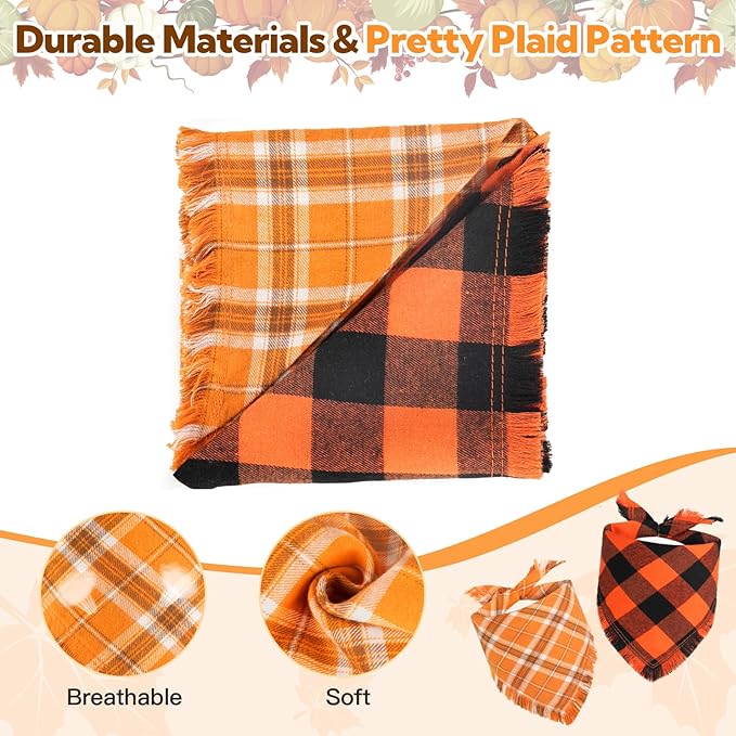 Kytely Fall Dog Bandana Autumn Thanksgiving Dog Bandanas Large, Orange Plaid Pet Scarf for Boy and Girl, Holiday Halloween Reversible Triangle Bibs Accessories for Dogs Pets