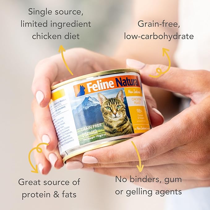 Feline Natural New Zealand Canned Catfood Wet Food, High-Meat, Low-Carb, & Grain Free Cat Food Wet, Chicken Feast, 6 oz, Pack of 12