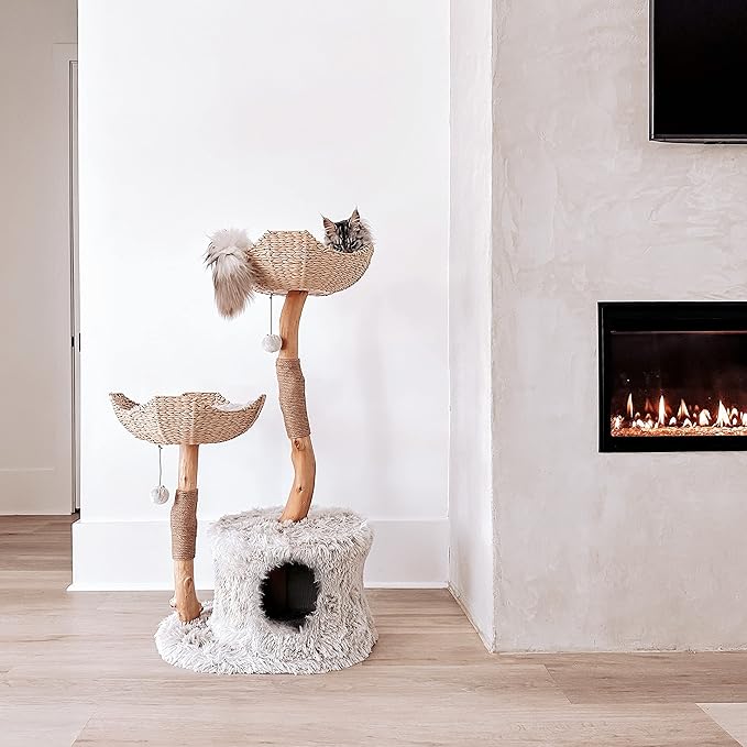 Mau Lifestyle Modern Cat Tree Tower, Real Branch Luxury Cat Condo, Wood Cat Tower, Scratching Tree, Cat Lover Gift