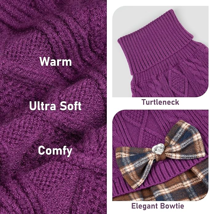 KYEESE Dog Sweater Thick Dogs Clothes with Bowtie Warm Pullover Pet Coats Comfy Knitwear Dog Sweaters for Small Dogs Girl Soft Turtleneck Pet Sweater Dress Stretchy Cat Sweaters, Purple, Medium