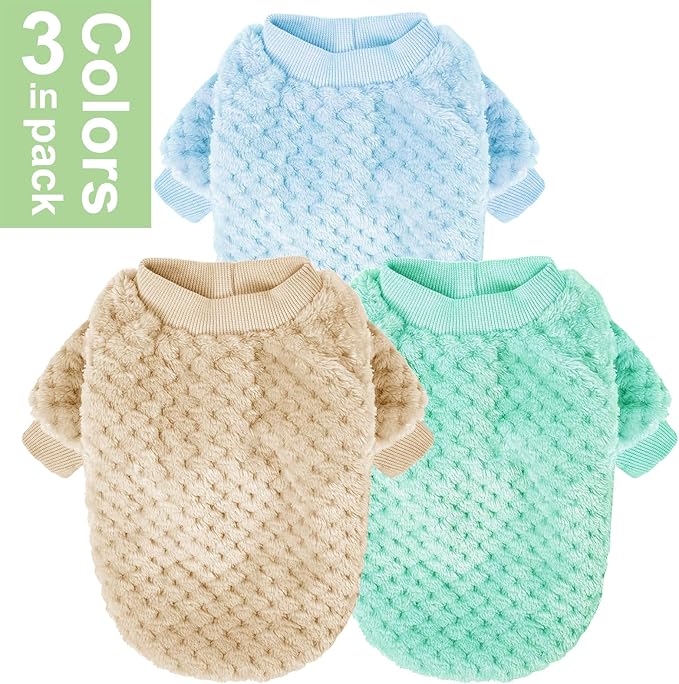 POMIU Dog Sweater, Dog Sweaters for Small Medium Dogs or Cat, Warm Soft Flannel Pet Clothes for Dogs Girl or Boy, Dog Shirt Coat Jacket (Ice Blue+Light Coffee+Teal, Large)
