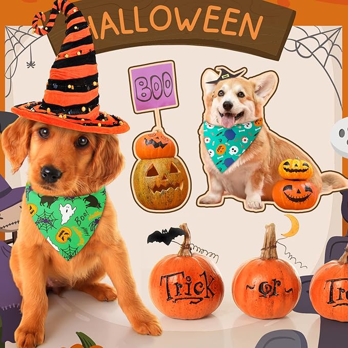 Preboun 50 Pcs Halloween Dog Bandanas Bulk Pumpkin Ghost Bandanas for Dogs Colorful Triangle Kerchief Bibs Scarf Set for Pet Costume Photo Props Accessories Pet Shops, 25 Styles (25.6 x 17.7 x 17.7)