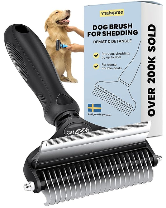 MalsiPree Dog Brush - Large, Black - 2-in-1 Undercoat Rake & Dematting Rake - Shedding Brush & Deshedding Tool for medium to Large Double-Coated Dogs & Cats