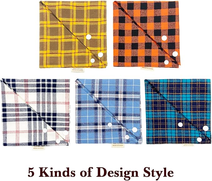 5PCS Dog Bandanas with Button - Thick Triangle Bibs Dual Layer Soft Cotton Scarves for Small Medium Boy Girl Puppy Cat Pet Baby Square Plaid Printing Washable Kerchief Halloween Costumes Outfits