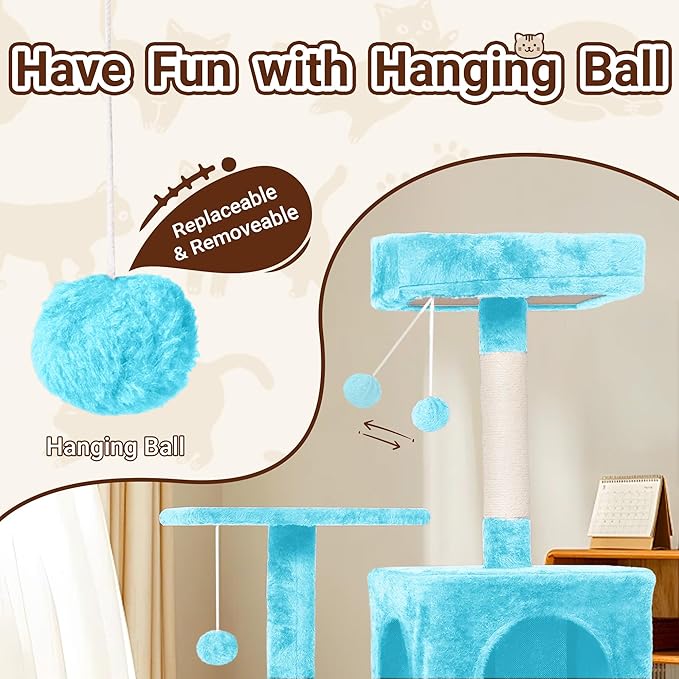 Cat Tree, 54-Inch Cat Tower for Indoor Cats,Plush Multi-Level Cat Condo with Scratching Posts, Basket, Perches,2 Caves,2 Pompoms(Blue)