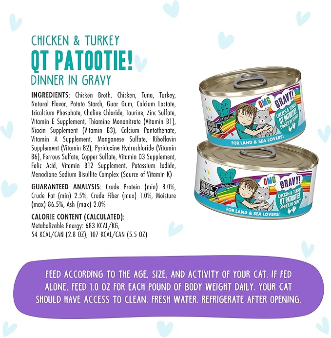 Weruva B.F.F. OMG - Best Feline Friend Oh My Gravy! Grain-Free Wet Cat Food Cans, QT Patootie! Chicken & Turkey, 2.8 oz Can (Pack of 12)