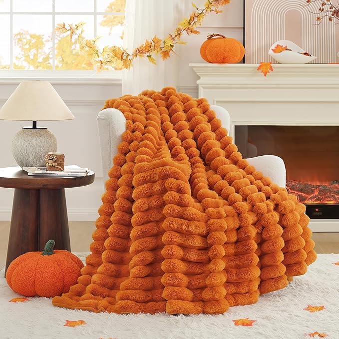 Cozy Bliss Faux Fur Throw Blanket for Couch, Cozy Warm Plush Striped Blanket for Sofa Bedroom Living Room, 60 * 80 Inches Burnt Orange