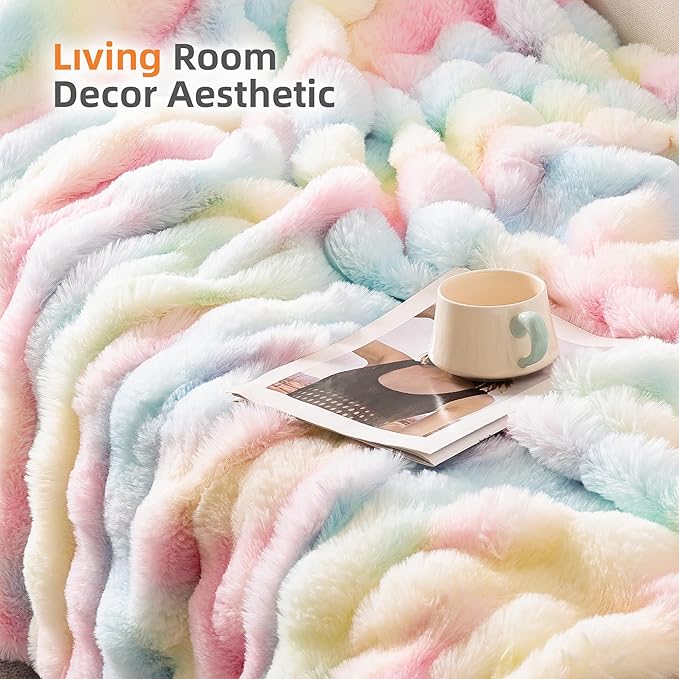 Smoofy Faux Fur Throw Blanket for Couch Rabbit Fleece - Rainbow Fluffy Blanket for Sofa Bedroom Living Room, Cozy Soft Plush Luxury Thick Winter Fuzzy Comfy Bubble Blanket - 60" x 80"