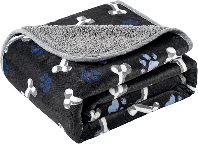 Waterproof Dog Blankets Pet Blanket, 30"x40" Cat Blanket for Indoor Cats, Soft Fluffy Sofa Car Bed Protector, Reversible Sherpa Fleece Puppy Blanket for Small Medium Dogs (Navy Paws)