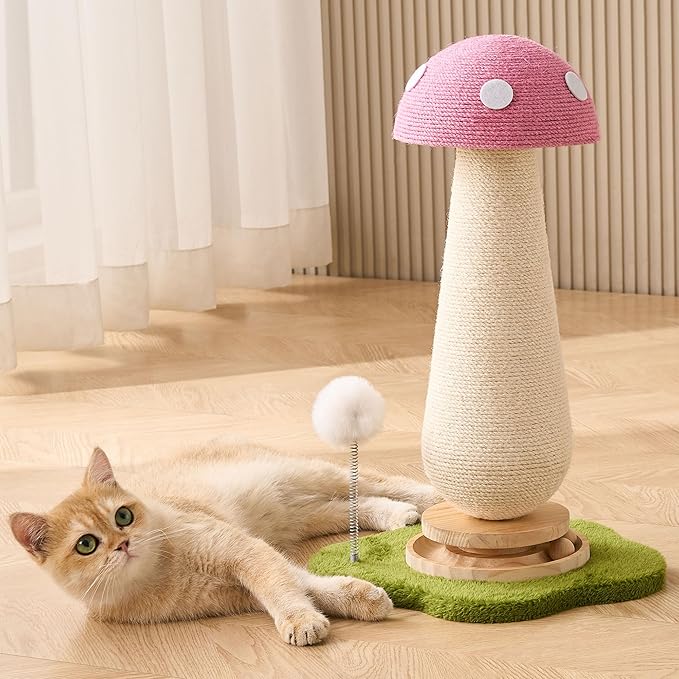 Mushroom Cat Scratching Post Cat Tree, 21.5‘’ H Cute Cat Scratcher Tower with Durable Solid Wood Turntable Toy, Baby Pink Mushroom Scratch Post Cat Sisal Scratcher with Catnip for Indoor Adult Cats