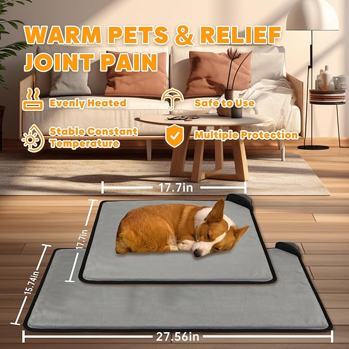 Pet Heating Pad for Cats & Dogs,Safe Electric Cat Warming Pad with Chew Resistant Cord,Automatic Induction Heated Cat Bed,Adjustable Temperature & Time (17.7" x 17.7")