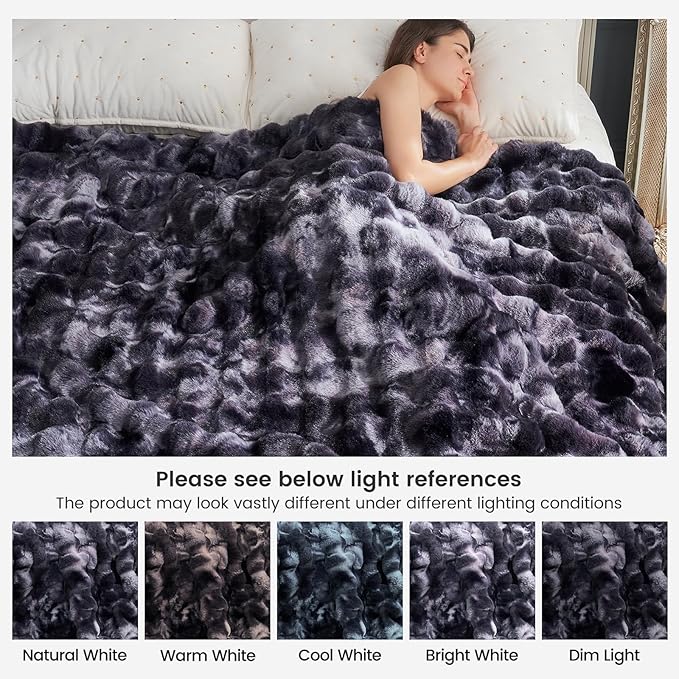 Cozy Bliss Faux Fur Throw Blanket for Couch, Fuzzy Soft Plush Thick Bubble Blanket for Sofa Bedroom Living Room,50 * 60 Inches Tie Dye Black
