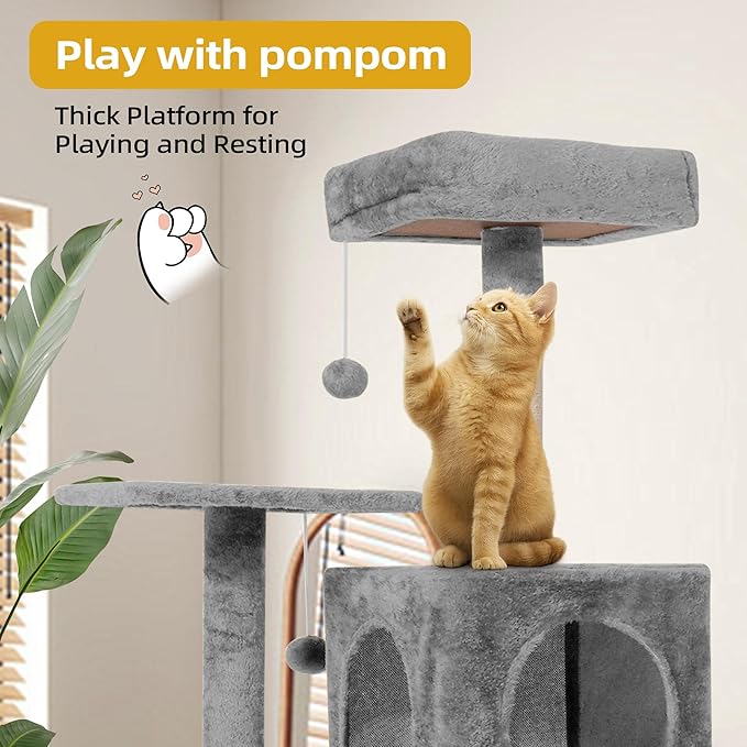 Cat Tree 54-Inch Cat Tower with Padded Plush Perch 2 Comfy Caves, Scratching Posts, Basket, 2 Pompoms, Multi-Level Plush Cat Condo for Indoor Cats Kittens, Gray