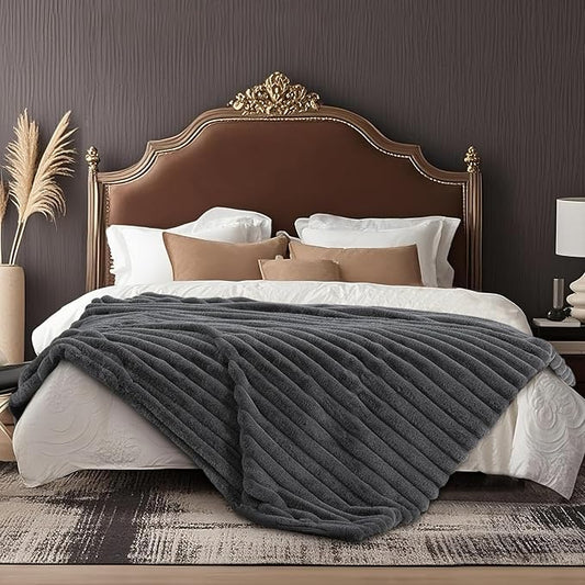 Amélie Home Faux Fur Throw Blanket for Couch, Ultra Cozy Fuzzy Fluffy Fur Luxurious Soft Striped Plush Gift Blankets for Family Sofa Chair Bedroom, 60"x80", Cationic Wolf Gray