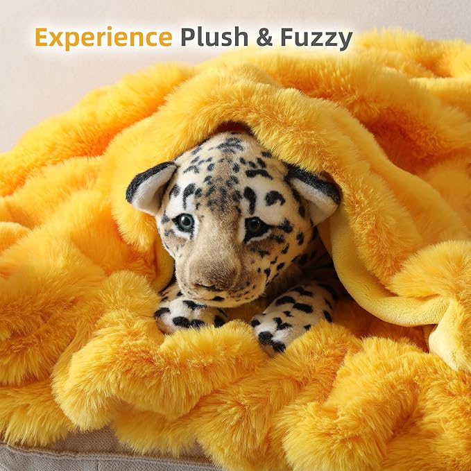 Smoofy Faux Fur Throw Blanket for Couch – Mustard Yellow Fluffy Cozy Rabbit Fleece, Plush Soft Bubble Blanket for Sofa & Bed, for Mom, Warm Fuzzy Home Room Decor Throw 50" x 60"