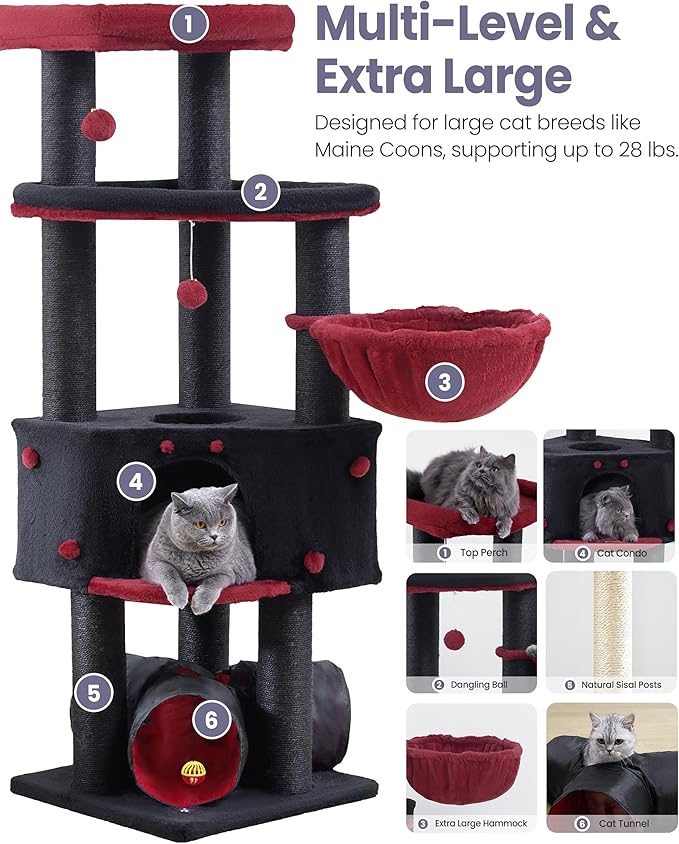 Cat Tree Tower for Indoor Cats Large Adult - Heavy Duty Extra Wide Maine Coon Condo House with Hammock Scratching Post Tunnel - 60 Inch XL Feline Bed Condos Trees - Big Multi Level Cat Houses Stand