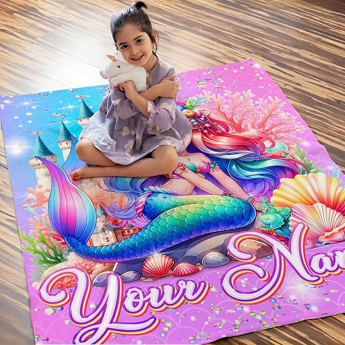 Girls Personalized Mermaid Blanket Gift Custom Throw for Kids Teens, 50x60 Inches Lightweight Cozy Pink Cute Mermaid Throw Blankets for Sofa Couch Bed Travel