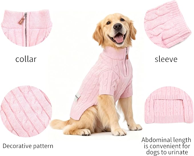 Medium/Large Dog Sweater, Warm Dog Winter Coat w/Sleeves, Comfortable High Neck Premium Dog Clothes for Golden Retriever-Best for Holidays, Daily Walks XXL Pink