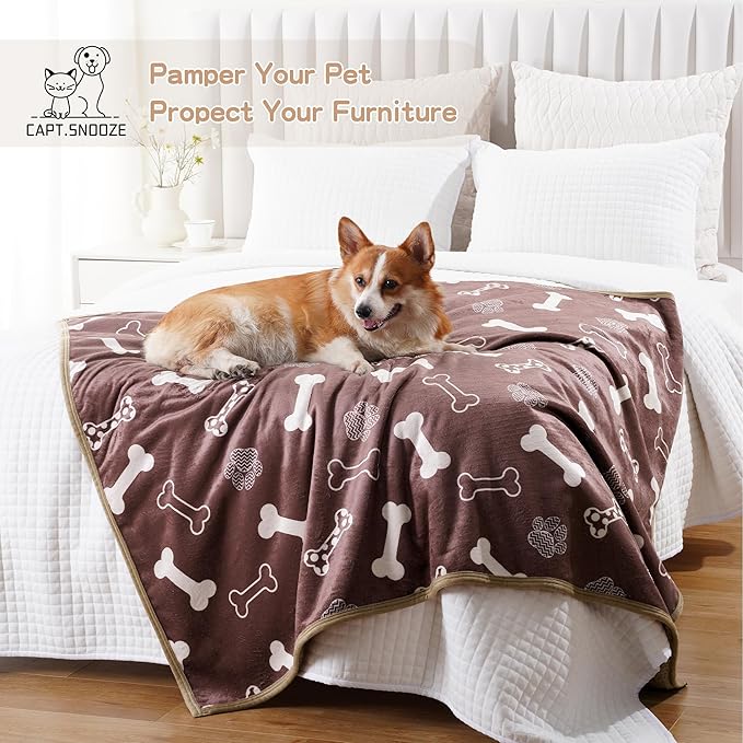 Waterproof Dog Blankets Pet Blanket 60"x80", Soft Fluffy Sofa Car Bed Protector, Reversible Sherpa Fleece Dog Blanket for Large Dogs (Chocolate Brown-Bones)