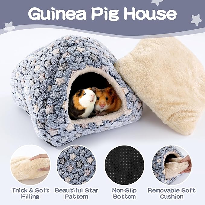 MABOZOO 3 Pack Guinea Pig House Accessories, Washable 2 Guinea Pig House and Hideout Tunnel with Curtains, Chinchilla Hideout for Hamster, Rabbit, Bunny, Chinchillas (Blue-Star)