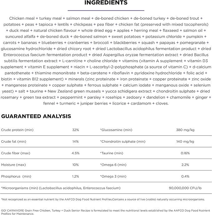 Go! Solutions Carnivore, Grain-Free, Protein Rich Dry Dog Food, Chicken, Turkey and Duck Senior Recipe, 12 lb Bag