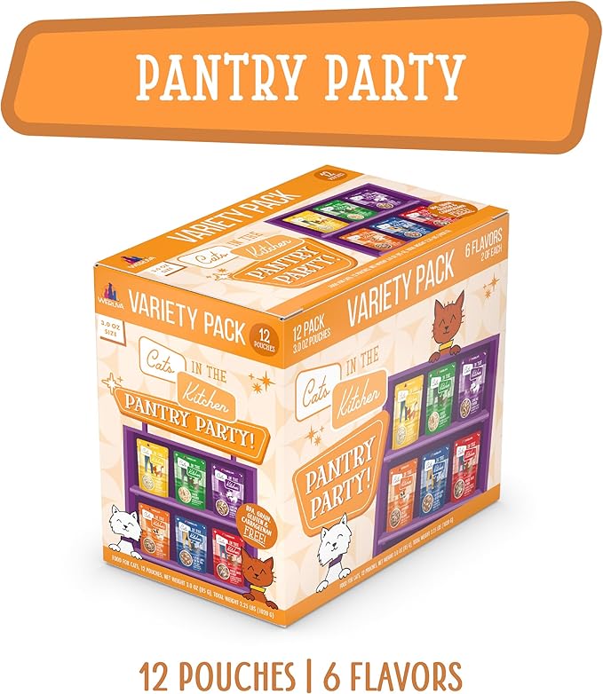 Weruva Cats in The Kitchen, Pantry Party Pouch Variety Pack in Gravy Cat Food, 3oz Pouch (Pack of 12)