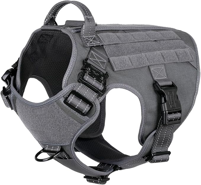 ICEFANG Tactical Dog Harness, X-Large Size,2X Metal Buckle,Working Dog MOLLE Vest with Handle,No Pulling Front Leash Clip,Hook and Loop Panel (Grey,XL (Pack of 1))