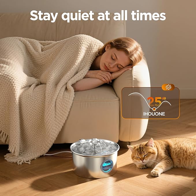 Cat Water Fountain Stainless Steel: 88oz/2.6L Pet Drinking Fountains with 6 Filters Water Bowl for Cats Inside with Flower Kitty Spout Dog Dispenser Animal Watering Supplies - Water Level Window