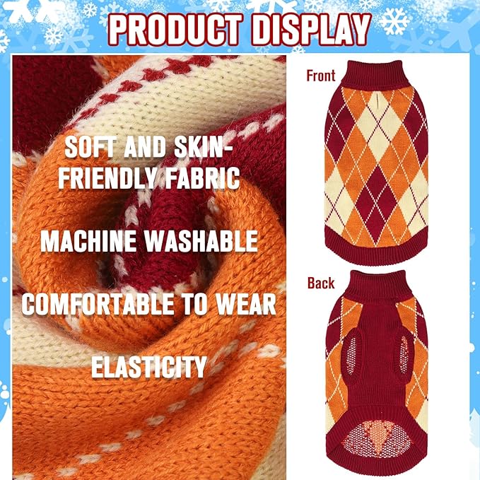 KOOLTAIL Small Dog Sweater, Knit Turtleneck Fall Thanksgiving Dog Sweaters for Medium Large Dogs, Plaid Pullover Cold Weather Knitwear Pet Winter Warm Clothes, Puppy Coat for Girls Boys, Orange M