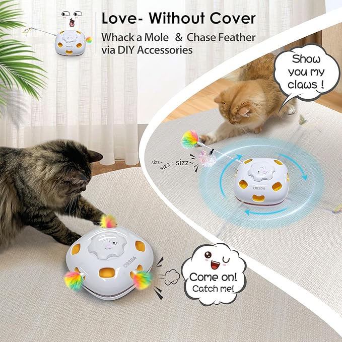 ORSDA Cat Toys for Indoor Cats 4 in 1 Interactive Automatic Cat Toys for Bored Indoor Adult Cats Kitten Toy Rechargeable 8 Hole Mice Whack-A-Mole, Hide and Seek, Moving Feather, 5PCS DIY Replacement
