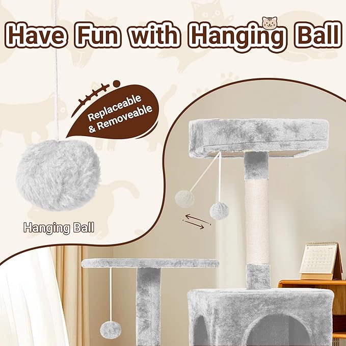 Cat Tree, 54-Inch Cat Tower for Indoor Cats,Plush Multi-Level Cat Condo with Scratching Posts, Basket, Perches,2 Caves,2 Pompoms (Light Grey)