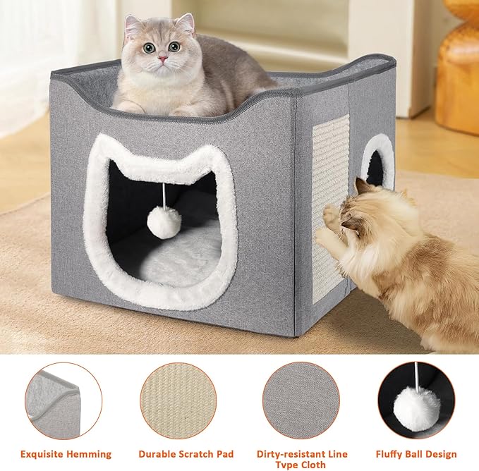 Heated Cat House for Indoor Cats - Heated Cat Bed Cave with Fluffy Ball and Scratch Pad, Foldable Cat Hideaway, Covered Cat Bed for Large Cats Kittens Small Pet