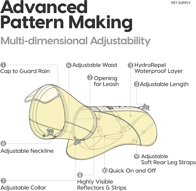 Slip-On Dog Rain Poncho, Quick & Easy to Wear Dog Raincoat, Unrestricted, Super Lightweight, and Waterproof Rain Jacket for All Breeds, Adjustable and Reflective (Yellow, XL)