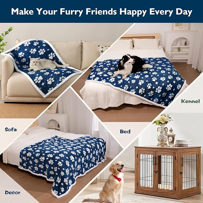 Waterproof Blanket for Dog Cat or Adult, Cute 3D Textured Paw Dog Blanket for Bed Couch Sofa, Soft Liquid Pee Proof Pet Furniture Protector, 60"x80", Navy Blue