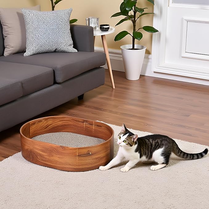 4 Packs Oval Cat Scratcher Cardboard with Box, Cat Scratch Pad for Indoor Cats Lounge Bed - Reversible, Durable Modern Kitty Scratcher Bowl, Furniture Protector for Carpets, Couch and Sofas