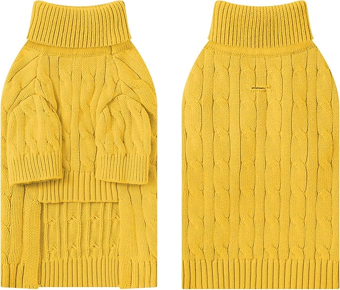Small Dog Thermal Pullover Sweater, Classic Turtleneck Cable Knitwear Dog Clothes for Cold Weather Warm Pet Clothes for Chihuahua, Bulldog, Dachshund, Pug Yellow Medium