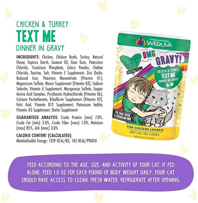 Weruva B.F.F. OMG - Best Feline Friend Oh My Gravy!, Chicken & Turkey Text Me with Chicken & Turkey in Gravy, 2.8oz Pouch (Pack of 12)