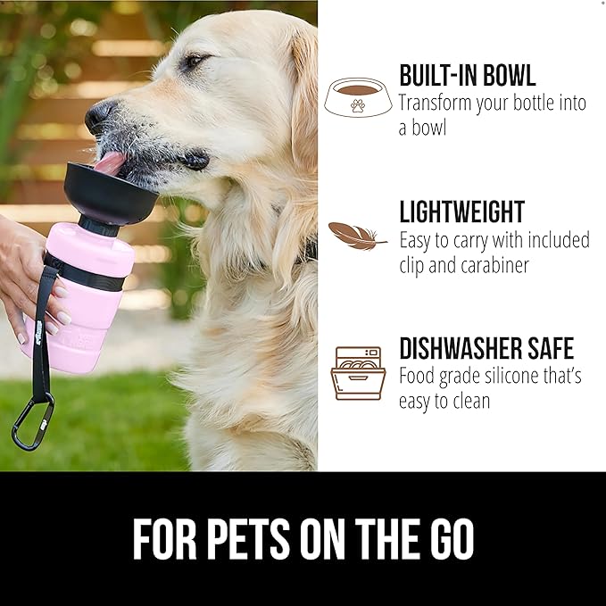 GORILLA GRIP Dog Water Bottle, Portable Water Bowl Dispenser for Dogs, 20 oz Leak Proof Pet Travel Squeeze Bottles, Food Grade Silicone, to Go Puppy Essentials, Hiking Camping Trip Accessories, Pink