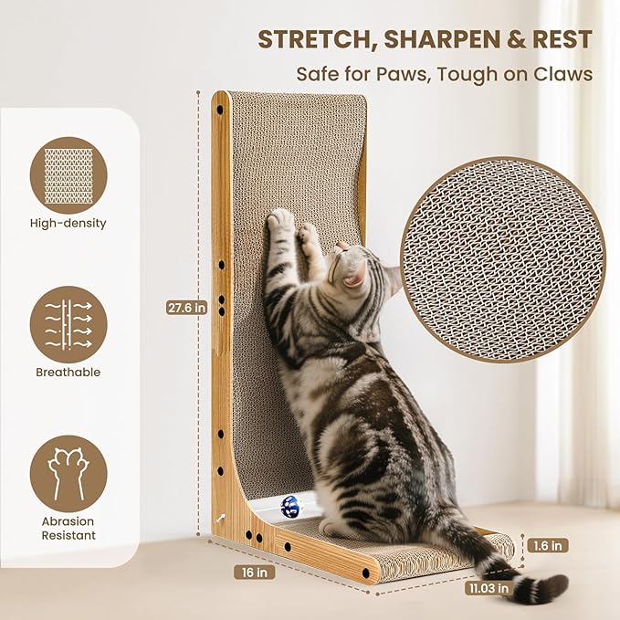 Cat Scratcher with Replacement Cardboard, 27.6" L Shape Wall Mounted Cardboard Cat Scratchers for Indoor Cats, Large Protecting Furniture Cat Scratch Pad with Ball Toy, Catnip
