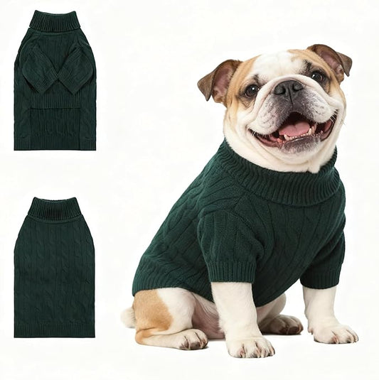 Medium/Large Dog Sweater, Warm Dog Winter Coat w/Sleeves, Comfortable High Neck Premium Dog Clothes for Bulldog-Best for Holidays, Daily Walks L Green