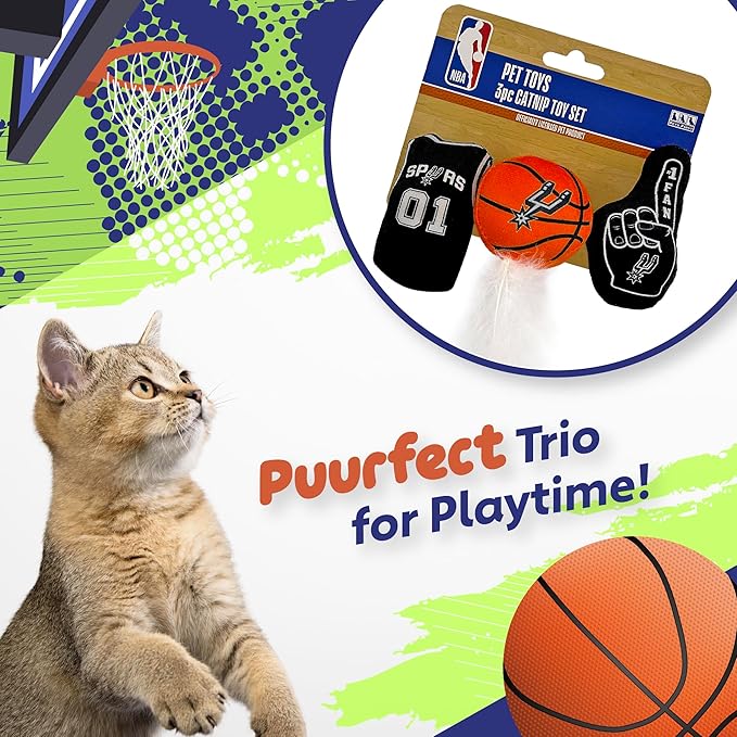 Best Plush CAT Toy - NBA SAN Antonio Spurs Complete Set of 3 Piece Cat Toys Filled with Fresh Catnip. Incl: 1 Jersey Cat Toy, 1 Basketball Cat Toy with Feathers & 1#1 Fan Cat Toy. Beautiful Team Logo