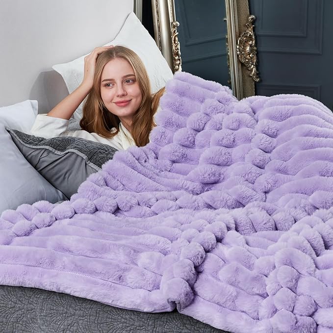 Cozy Bliss Faux Fur Throw Blanket for Couch, Cozy Warm Plush Striped Blanket for Sofa Bedroom Living Room, 50 * 60 Inches Lavender